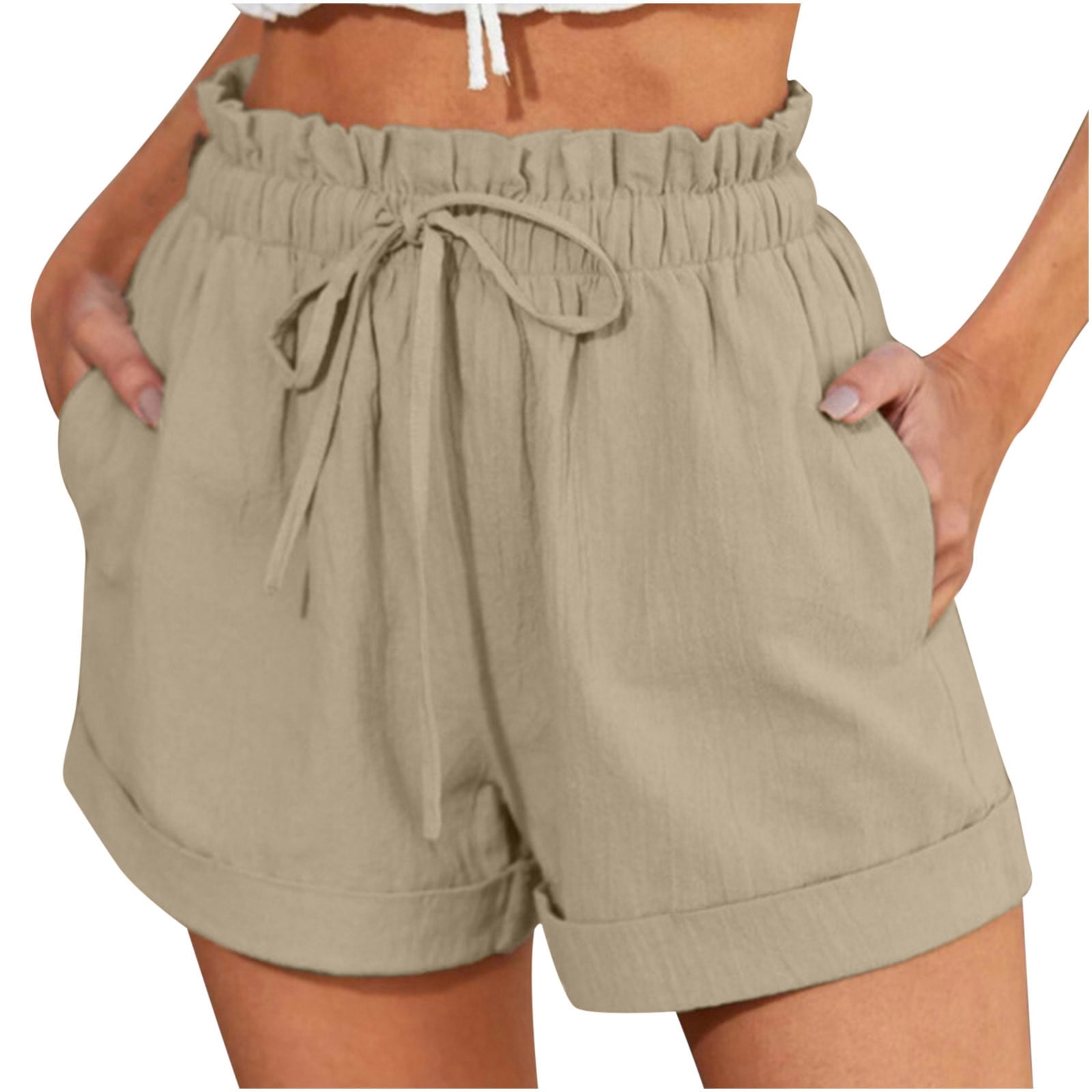 AherBiu Womens Shorts Summer Casual Cotton Linen High Waisted Drawstring Solid Color Loose Cuffed Shorts
