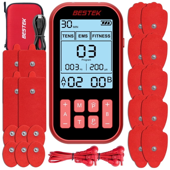 BESTEK Stimulateur Musculaire TENS pour le Soulagement de la Douleur – Machine TENS EMS 3-en-1 avec 20 Coussinets, Double Canal, Masseur Rechargeable pour le Dos, la Sciatique, le Cou, l'Épaule