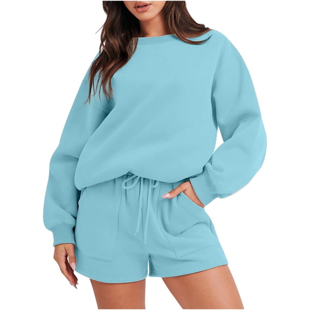 Ensemble de Survêtement pour Femmes avec Shorts, Tenue 2 Pcs pour Femmes pour l'Automne, Chandail à Manches Longues Décontracté Surdimensionné à Col Rond, Chandails Molletonnés à Enfiler, Shorts à Taille Élastique, Ensembles Assortis Bleu Pâle