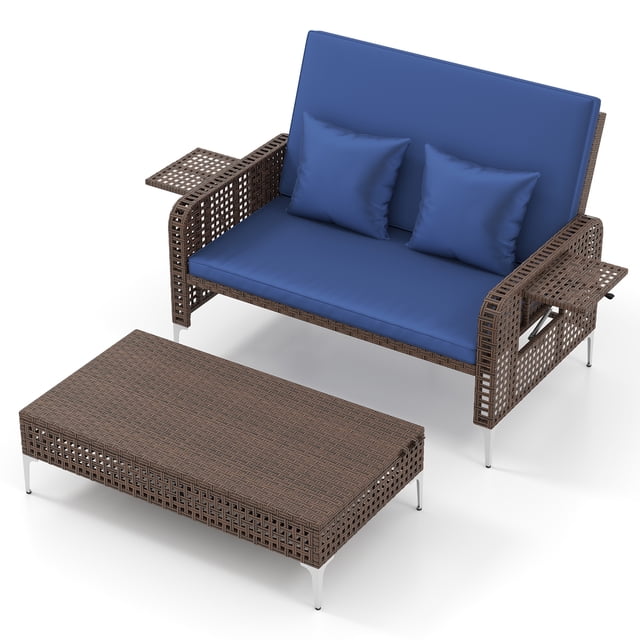 Gymax 2PCS Wicker Loveseat & Storage Ottoman w/ 4-Level Backrest & Soft Cushion Navy