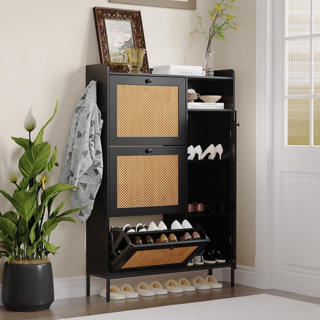 Yiwa Rattan Shoe Cabinet for Entryway, Hidden Wood Shoe Rack Storage with 3 Flip Drawers, Narrow Freestanding Shoe Organizer Cabinet for Hallway, Easy Assembly