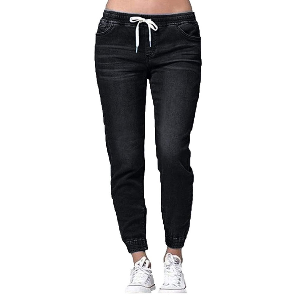 Womens Elastic Waist Pencil Stretch Denim Skinny Drawstring Jeans Pants Trousers