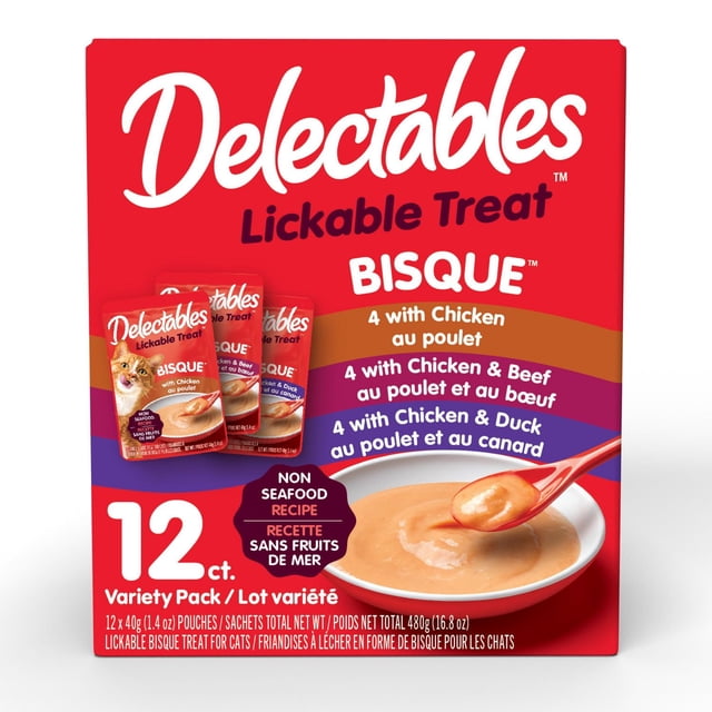 Delectables Non Seafood Bisque Wet Cat Treats Variety Pack with 12x40g pouches featuring lickable bisque in chicken, chicken & beef, and chicken & duck flavors, shown with a bowl of smooth bisque and spoon, suitable as a cat food topper or snack.