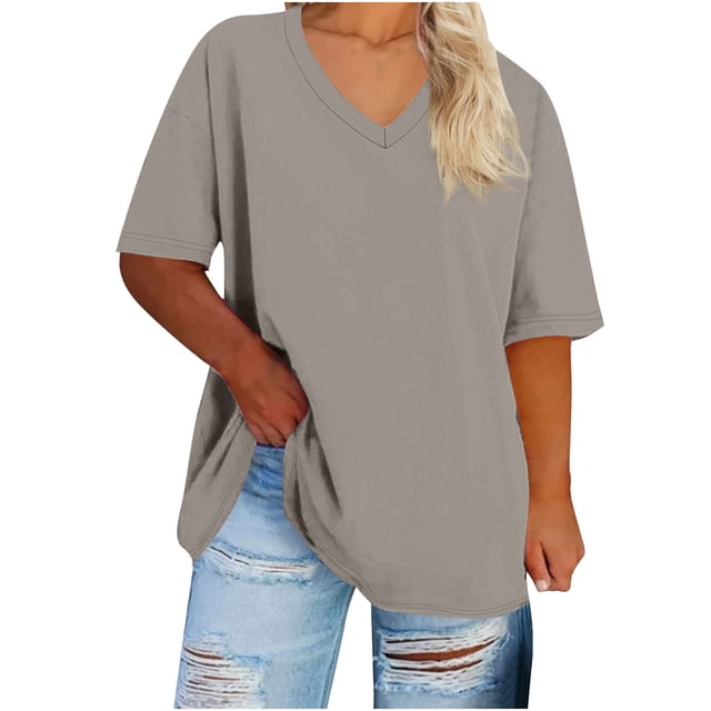 FAIWAD Womens Tops Summer Plus Size Casual V Neck Short Sleeve Drop Shoulder T-Shirt Loose Comfy Basic Tunic Tops
