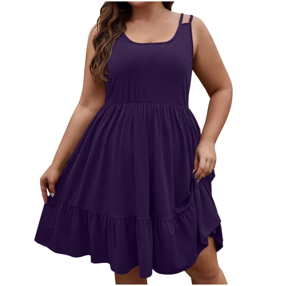 Womens Plus Size Summer Sundress Sleeveless Double Spaghetti Strap Tiered Dresses Casual High Waist Dress Curvy Women Purple, 2XL