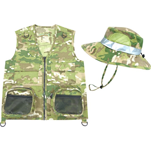 Cargo Vest for Kids with Reflective Straps & Bucket Hat with Chin Strap - Camo - S/M