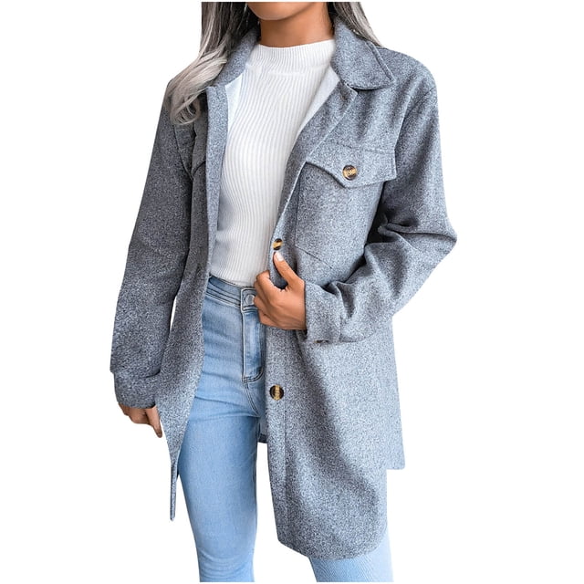 IROINID Women's Mid-Length Woolen Jacket Solid Color Long Sleeve Comfy Autumn And Winter Single-breasted Woolen Coat, Gray