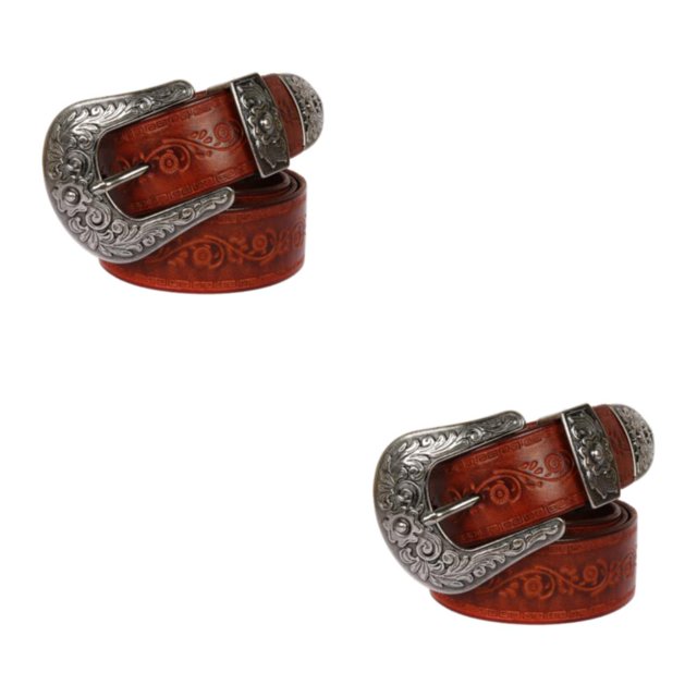 Ruiboury Embossed Pattern Belt With Fine Craftsmanship For Vintage And Western Looks Long Fashion Embossed Pattern Rivet Belt Long flower brown 115cm 2Set