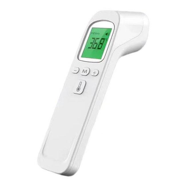 Electronic, fast measurement non-contact infrared thermometer by AMONSEE, featuring a high-precision infrared sensor and three-color warning system. The device has a white ABS body, a digital display showing temperature in Celsius or Fahrenheit, and buttons for mode and temperature adjustment. Suitable for home use, it measures approximately 14.2x3.5x4cm and operates within ambient temperatures of 16°C to 40°C.