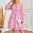 thumbnail image 1 of Gspmoly Robes pour Femmes Grande Taille, Robe à Manches Longues pour Femmes à Col en V Ajourée avec Oeillets Brodés Plissée, Robe à Manches Longues à Col en V Longueur Genou, Robes d'Été pour Femmes Offres, 1 of 3