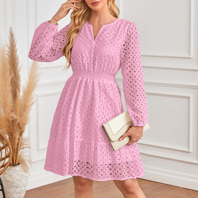 Gspmoly Robes pour Femmes Grande Taille, Robe à Manches Longues pour Femmes à Col en V Ajourée avec Oeillets Brodés Plissée, Robe à Manches Longues à Col en V Longueur Genou, Robes d'Été pour Femmes Offres