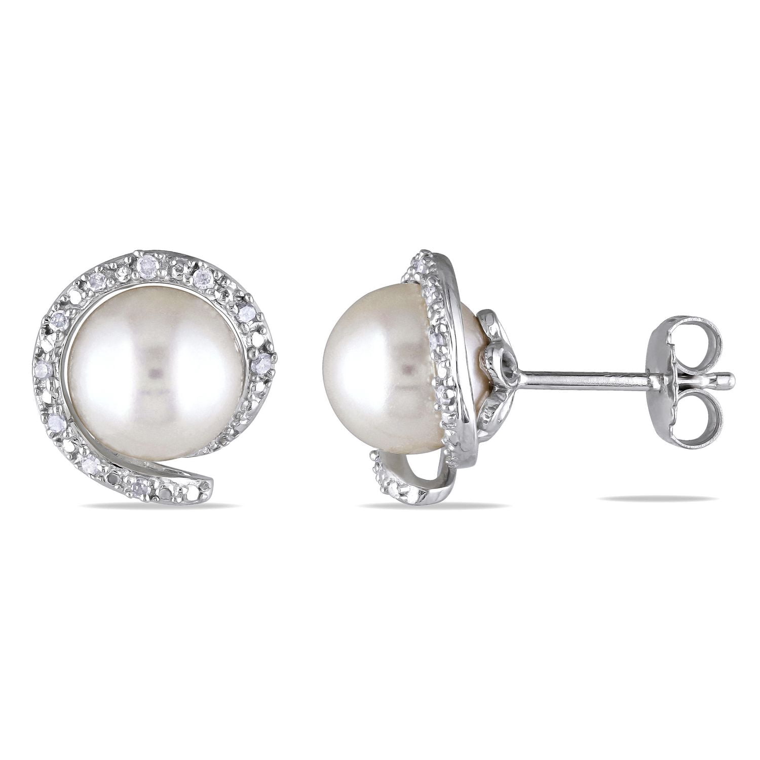 Boucles d'oreille Miabella avec perles d'eau douce cultivées 8-8,5mm et accents de diamants en argent sterling