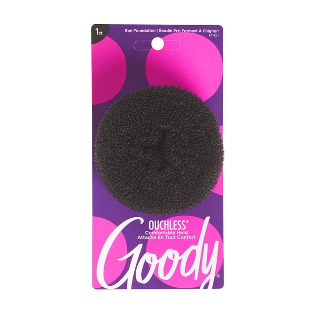 Goody Ouchless Bun Foundation, Black, 1 Unité Gros Plan Orienté vers l'Avant d'Un Chignon Noir Recouvert de Tissu avec Prise Antidérapante et Embout Confortable; Accessoire Simple Réutilisable Offrant une Prise Sécurisée pour les updos, Montré sur un Fond Neutre et Souvent Utilisé pour Créer des Chignons Plus Fournis.