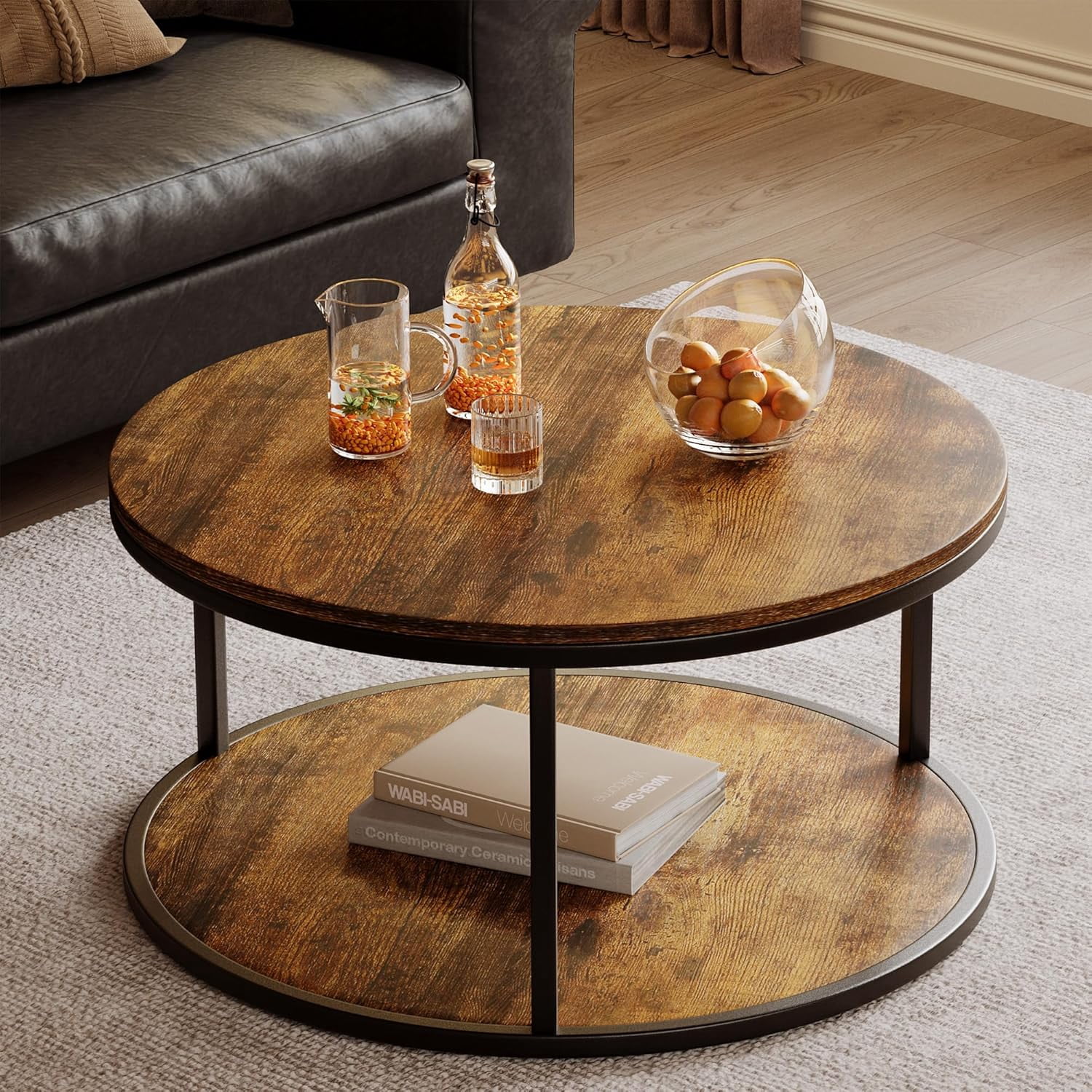 Homall Tables Basses de 36 Pouces avec Rangement, Table Basse Ronde à 2 Niveaux, Table Centrale pour Salon, Meubles pour Petits Espaces, Brun