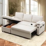 Sectional Sleeper Sofa L shaped Charging Couch with Usb Storage Chaise Reversible Pull Out Bed for Small Space, Beige