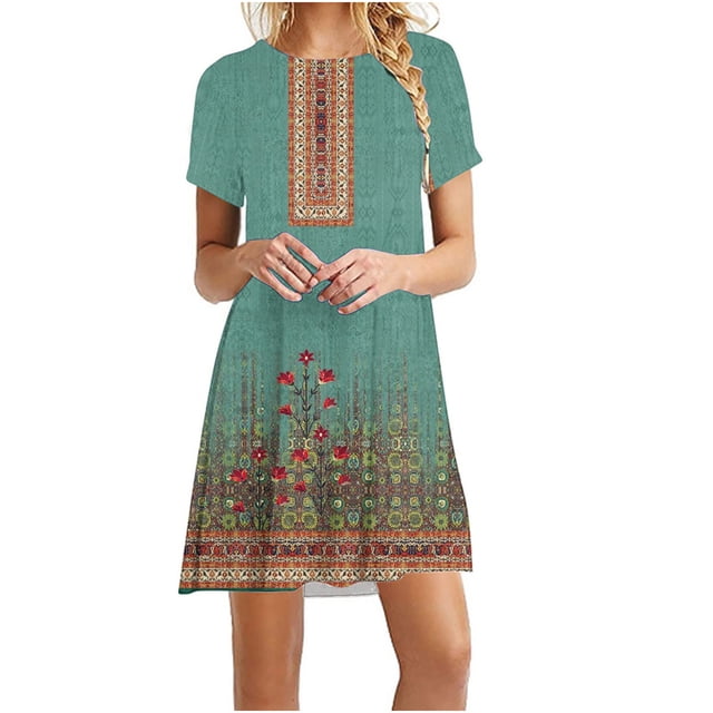 Cameland Robe d'Été pour Femme, Mode Bord de Mer, Décontractée, Imprimée, à Manches Courtes, à Col Rond
