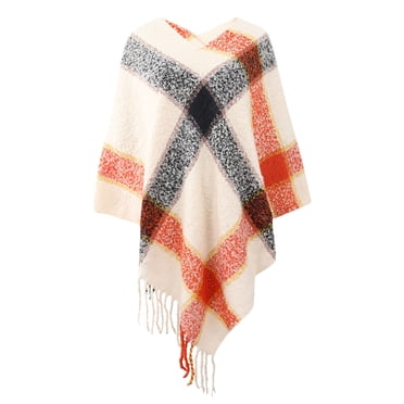 Womens Fashion Autumn And Winter Color Latticet Warm Shawl Cloak Large Knitting Loose Coat