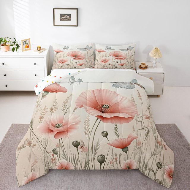 Erosebridal Ensembles de Literie Chic Libellule Très Grand avec Couette pour Filles, Insert de Couette Floral Rose, Réversible 3 Pcs, Super Confortable
