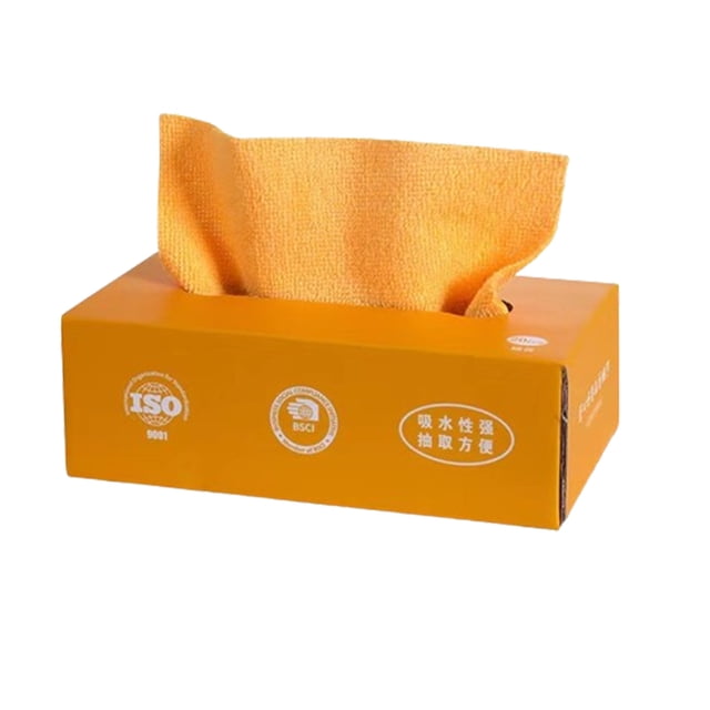 Microfiber Cleaning Cloth, A Box of Friendly Cleaning Cloths - Reusable Absorbent Cleaning Cloths. The image shows a box of cleaning cloths with one orange microfiber cloth partially pulled out. The box is orange with visible certification logos and text. These cloths are made of high-density microfiber material, designed to be super absorbent, fade-resistant, and reusable. Suitable for cleaning various surfaces like glass, mirrors, and kitchen counters.