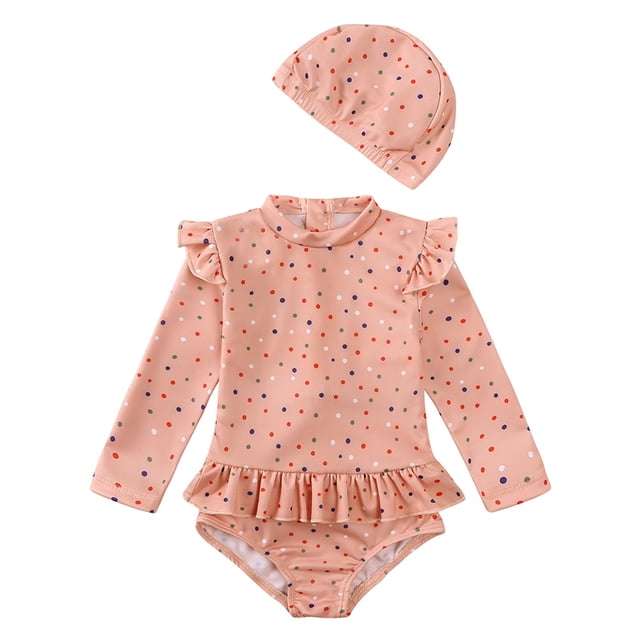 PMVFHDE Girls Floral Print Long Sleeve Swimsuit Sun Protective Bathing Suit With Matching Hat Pink,7-8 Years
