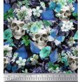 thumbnail image 1 of Soimoi Blue Polyester Crepe Fabric Skull & Anemone Flower Print Sewing Fabric BTY 52 Inch Wide, 1 of 3