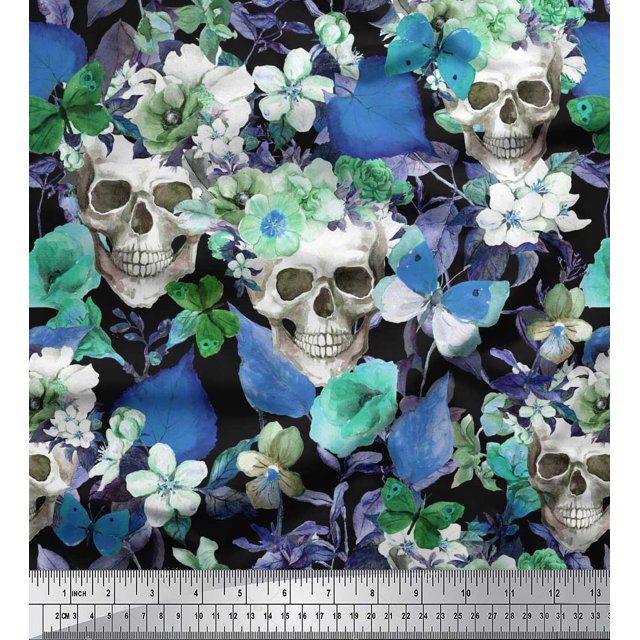 Soimoi Blue Polyester Crepe Fabric Skull & Anemone Flower Print Sewing Fabric BTY 52 Inch Wide
