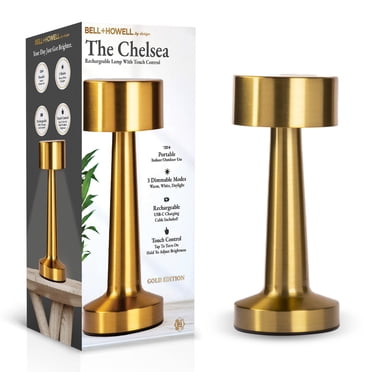 Bell + Howell Chelsea Table Lamp Small Cordless Touch LED Rechargeable Lamp for Bedside Desk Nightstand Gold