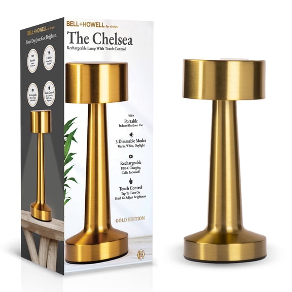 Bell + Howell Chelsea Table Lamp Small Cordless Touch LED Rechargeable Lamp for Bedside Desk Nightstand Gold