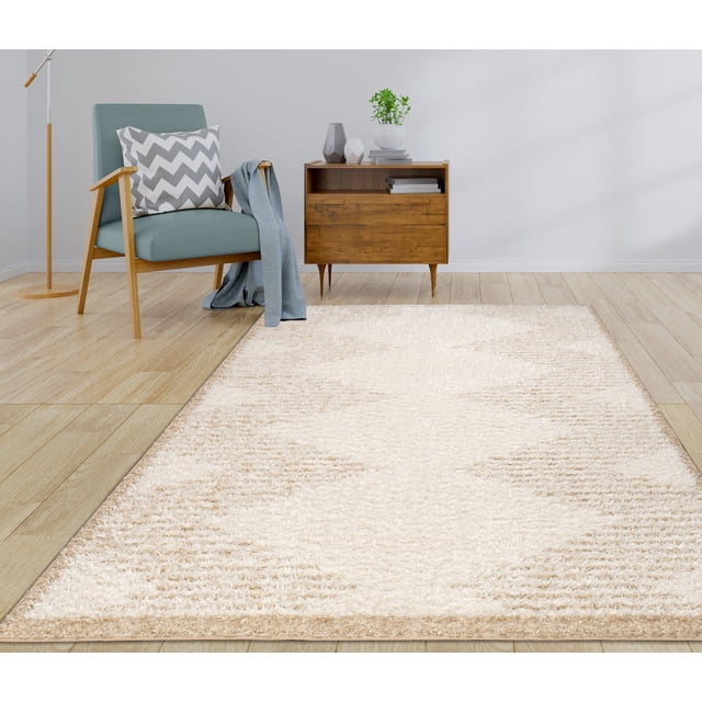 LaDole Rugs 3x10 ft Fluffy Shaggy Area Runner Rug in beige, displayed in a modern living room setting with light wood flooring. The high-pile texture adds a plush, cozy feel, complementing the minimalist decor. This machine washable rug is designed for hallways, kitchens, and entryways, offering durability and easy maintenance. Its foldable design ensures convenient storage and transport.