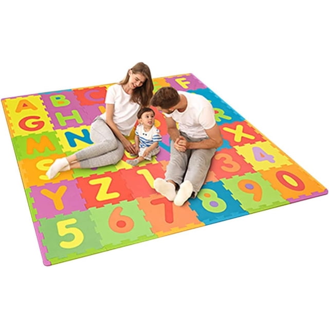 Foam Play Mat with Alphabet and Shape Puzzles, 36 Multicolored Tiles & Borders
