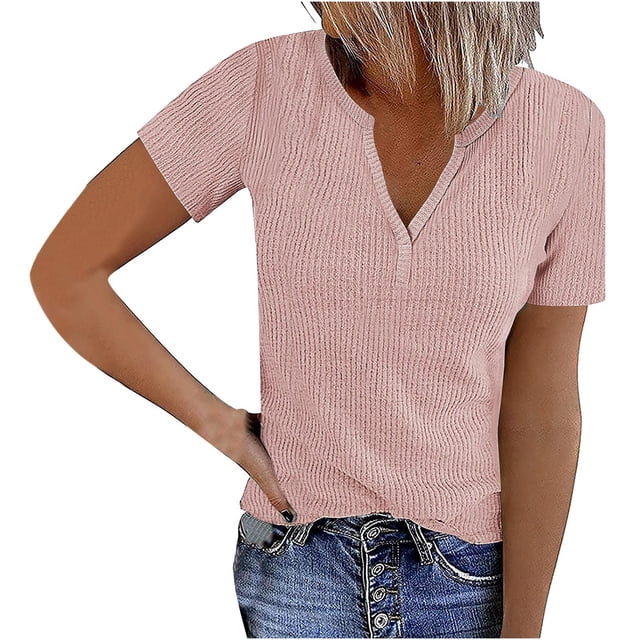 AherBiu Plus Size Tops for Women Summer Ribbed Knitted Casual Tops Stretchy Comfy Loose V Neck T Shirts