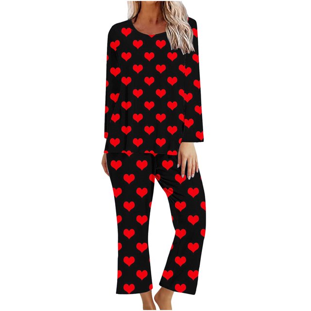 TIMIFIS Ensemble de Détente pour Femmes - Valentines Day Mignon Imprimé de Cœurs Col Rond Manches Longues avec Pantalon Ensembles de Pyjamas - Ensembles de Pyjama pour Femmes 2 Pcs