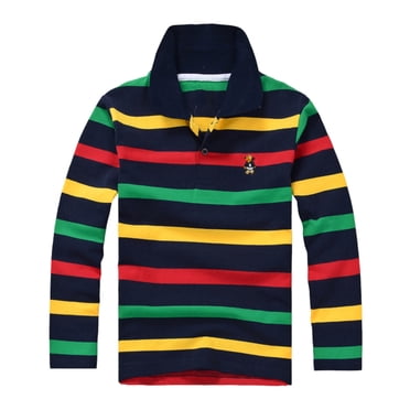 Teens Polo Shirts for Boys Long Sleeve Stripe Shirt with Cute Animal Cartoon Embroider School Uniform Shirts 12-13 Years Boys Clothes