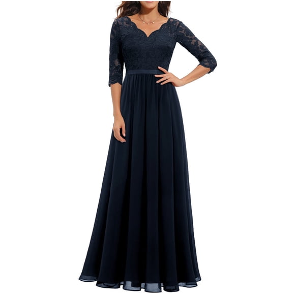 Meichang Long 3/4 Sleeve Mother of Bride Dresses For Wedding V Neck Floral Lace Chiffon Formal Dresses Solid Color Elegant Evening Gowns Maxi Dresses Wedding Guest Dresses for Women