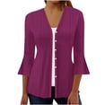 thumbnail image 2 of VKOYWKM 3/4 Length Sleeve Womens Tops Trendy Eyelet Embroidery Tees Button Down V Neck Pullover Tops Solid Color Ruffle Bell Sleeve Tunic Blouses, 2 of 5