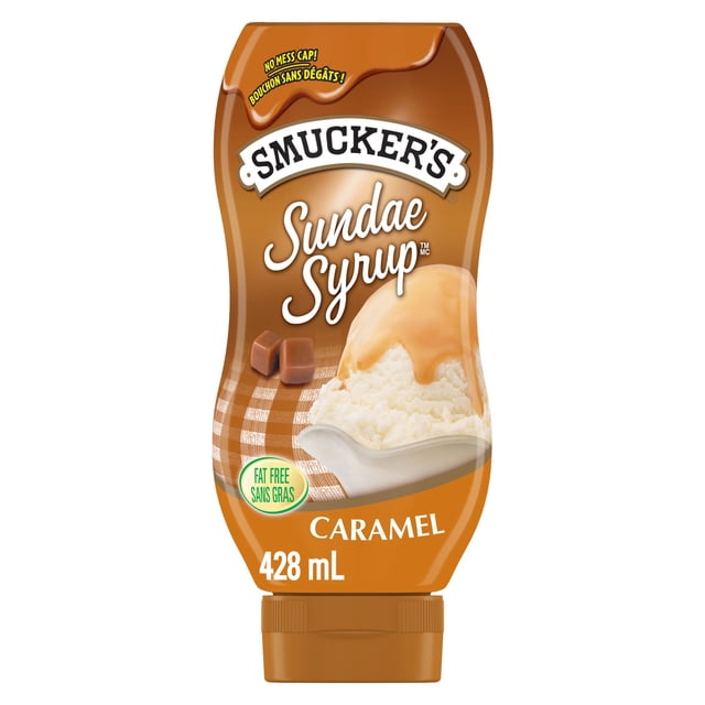 Smucker's Sundae Syrup Sirop Aromatisé au Caramel 428 ml Bouteille Compressible Sans Dégâts avec Bouchon, Présentant du Sirop au Caramel sur de la Crème Glacée à la Vanille sur l'Étiquette, Sans Gras, Convient pour Garnitures de Desserts Ou pour Rehausser des Boissons Chaudes.