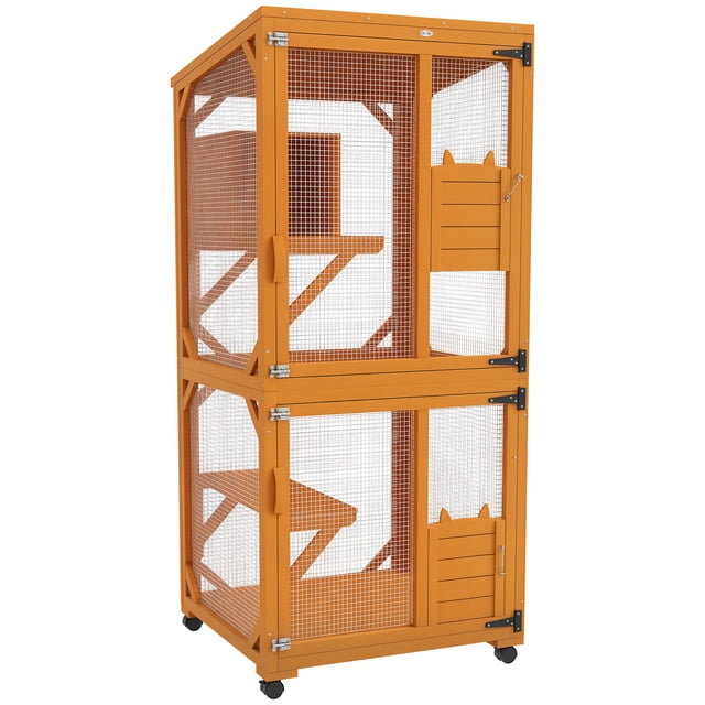 PawHut Cat House Extérieur, Grand Catio avec Roues, Boîte de Repos, Orange. un Enclos Extérieur Étanche pour Chat en Bois de Sapin Orange et Treillis Métallique Galvanisé, Doté d'Un Toit en Asphalte pour la protection contre les Éléments. Comprend Trois Plateformes de Saut, une Boîte de Repos Intérieure, Deux Grandes Portes avant pour un Accès Facile, et Quatre Roues pour la Mobilité. Idéal pour 1-3 Chats, Offrant un Espace Extérieur Sécuritaire et Confortable.