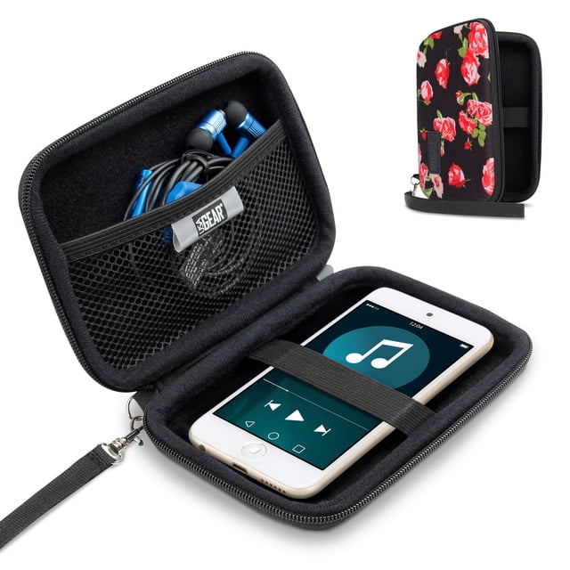 Étui Rigide de Voyage pour iPod Compatible avec Apple iPod Touch (7e Génération, 6e Génération, 5e Génération), Étui pour Lecteur MP3 Étui iPod avec Extérieur Résistant à l'Eau, Dragonne - Floral