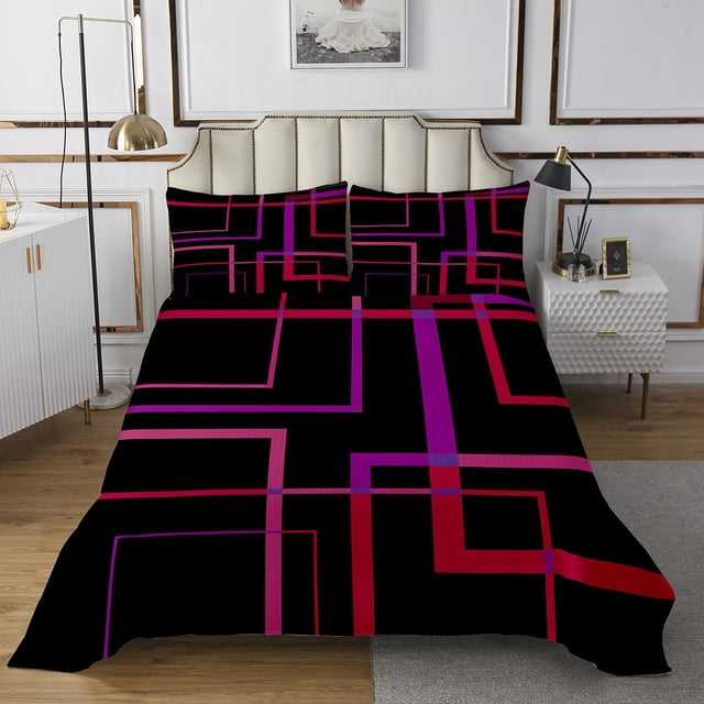 YST Abstract Square Bedding Twin Size Black and Hot Pink Red Bedspread Set, Rectangle Minimalism Quilt Set Modern Geometric Coverlet Set for Boys Girls, Contemporary Aesthetic Bed Set