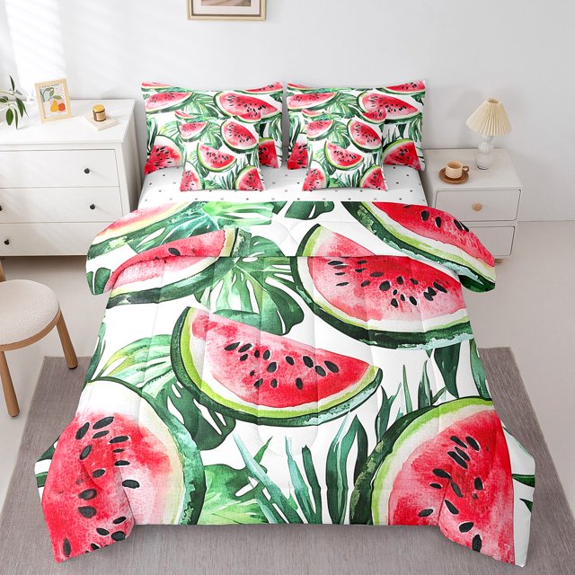 Erosebridal Ensemble de Literie 3D Melon D\'eau Grand Lit, Ensemble de Lit Thème Fruit, Blanc Rouge Vert, Réversible 7 Pcs