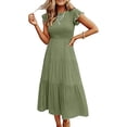 thumbnail image 2 of Tumotour Robes d'Été pour Femmes, Ligne A, Col Rond, Couleur Unie, Robe Décontractée à Volants, Longueur Thé, Manches Courtes, Robe Midi Évasée Fluide, Robes Bohèmes pour Sorties, Plage, Rendez-Vous, Vacances, 2 of 7