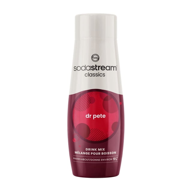 SodaStream Bouteille Classique de Mélange pour Boisson Liquide Saveur Dr. Pete avec Étiquette Blanche et Rouge Foncé, Préparant Environ 9 litres de soda Personnalisable, Mettant en Vedette le logo SodaStream et un Texte Bilingue Anglais-Français.