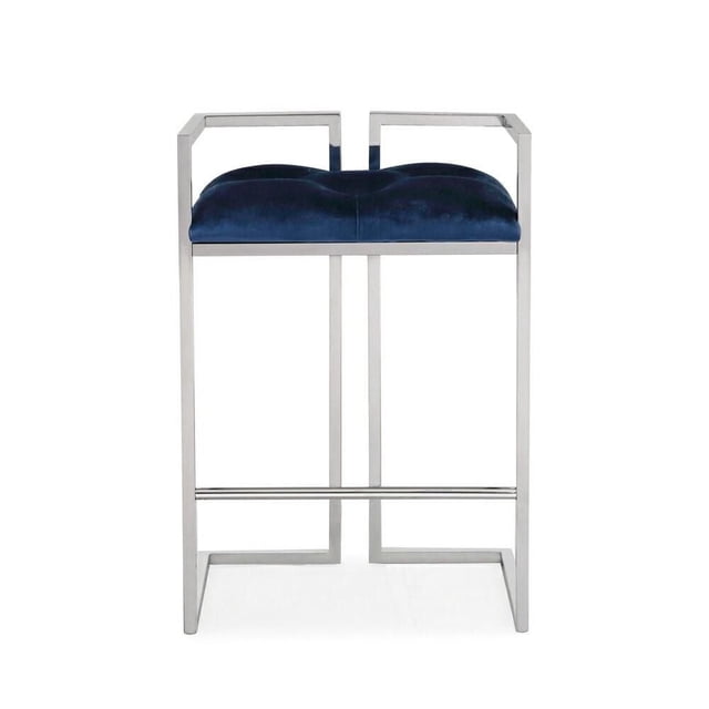 Home Gear Tabouret de Comptoir à Accoudoirs Carrés avec Cadre et base en Acier Inoxydable Poli, Accoudoirs Droits à Angle Droit, et Siège Moelleux Capitonné de Boutons Bleu Marine à Hauteur de Comptoir de 25 Pouces, Idéal pour les Sièges de Cuisine et de Salle à Manger et Souvent Utilisé comme Siège de bar Stylé.