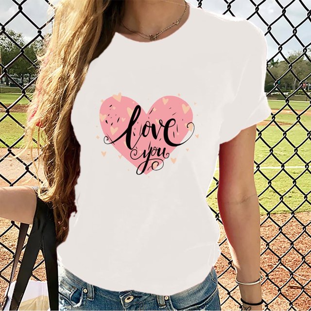 TIMIFIS T-Shirts de la Saint-Valentin pour Femmes Été Décontracté Manches Courtes Col Rond T-Shirt Mignon Imprimé Cœur d'Amour