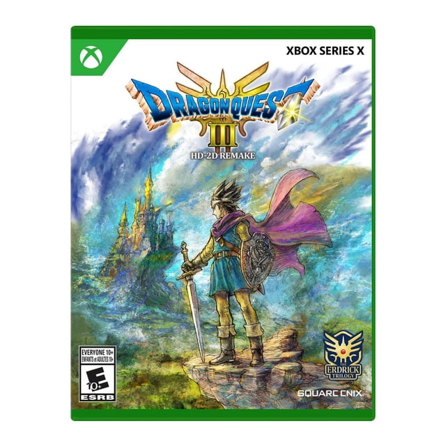 DRAGON QUEST III HD-2D REMAKE Xbox Series X game cover featuring a medieval hero with a purple cape, sword, and shield standing on a rocky cliff facing a distant castle under a vibrant sky, representing this turn-based RPG fantasy adventure from Square Enix and The Erdrick Trilogy.