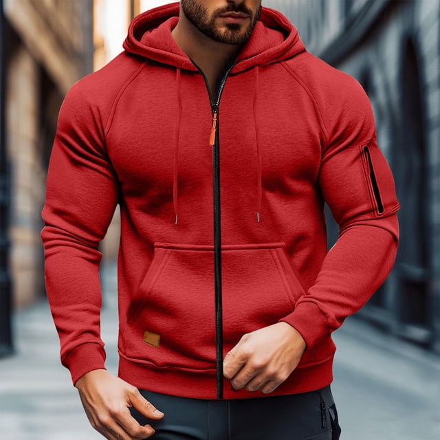 Men's Solid Color Cargo Hooded Jacket with Multiple Pockets, Raglan Long Sleeve, Breathable Nylon Spandex for Sports Training and Casual Outdoor Wear
