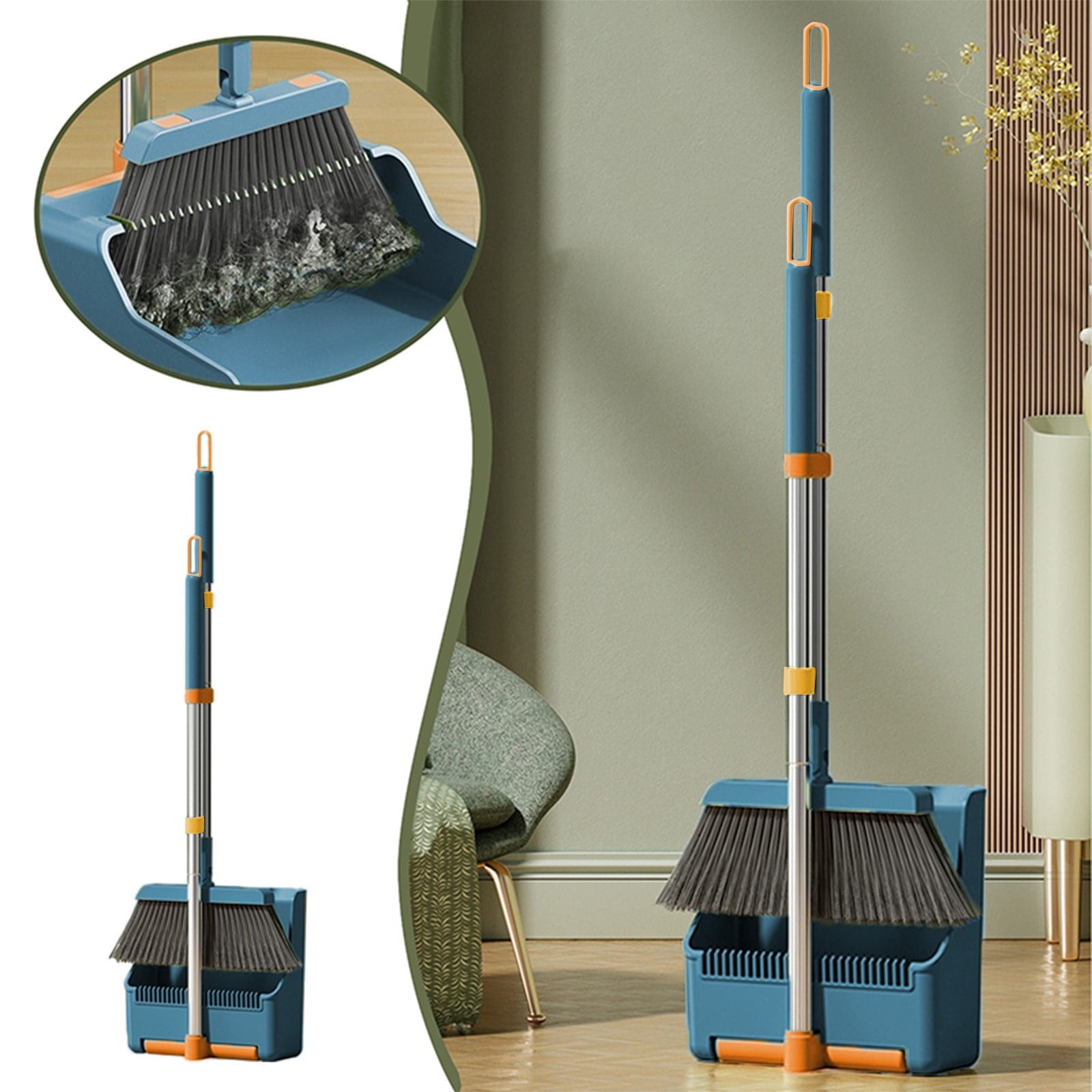 Dvkptbk Portable Broom Brooms Indoor 180° Rotatable Standing Storage Buckle Type Brooms and Dustpan Set with Scraping Teeth and Scraper Cleaning Suitable for Home Cleaning Supplies