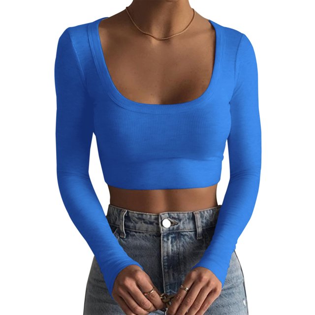 Faithtur Femmes Chemise Courte Manches Longues Profond Col Rond Solide Couleur Tricot Crop Tops Rue Casual Parti Rue Printemps Tops