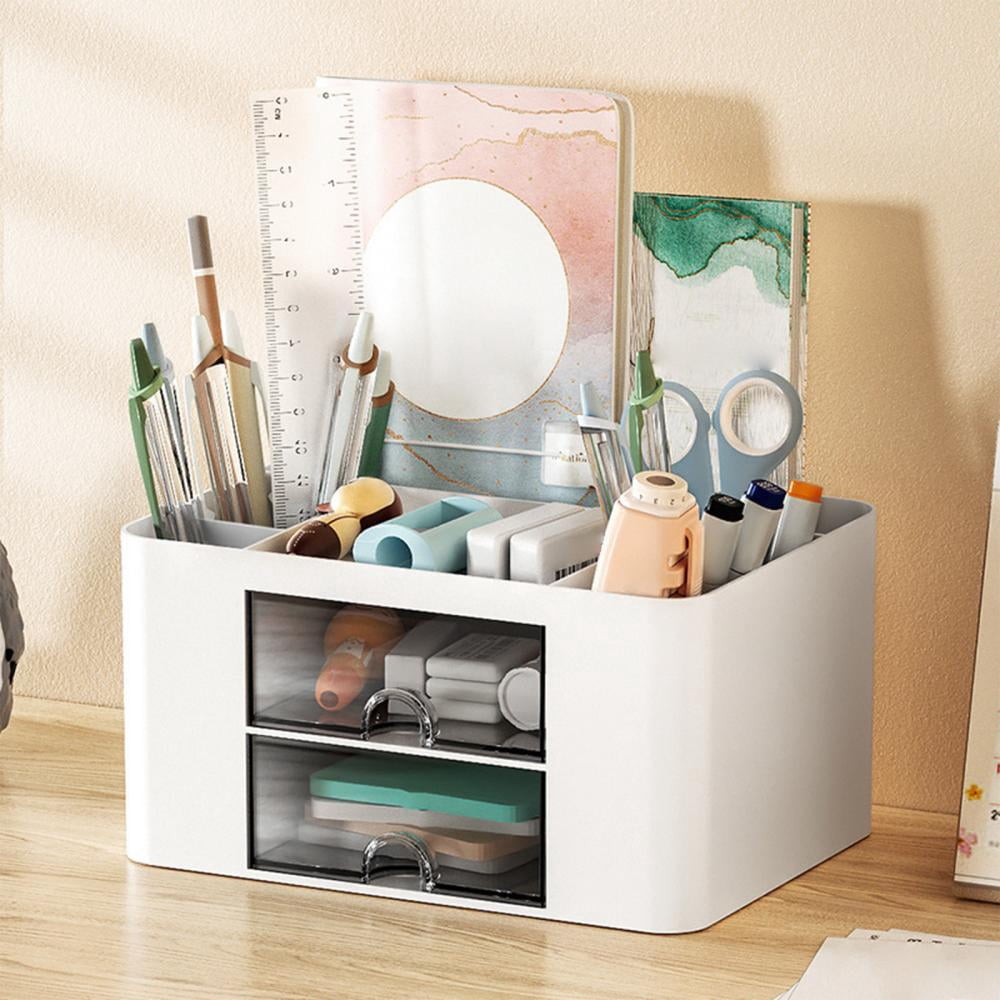 Feltree Desk Organizer with 2 Drawer, Multi-Functional Pencil for Desk, Desk Organizers and Accessories with 5 Compartments Drawer for Office with Study Supplies