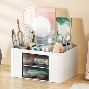 Feltree Desk Organizer with 2 Drawer, Multi-Functional Pencil for Desk, Desk Organizers and Accessories with 5 Compartments Drawer for Office with Study Supplies